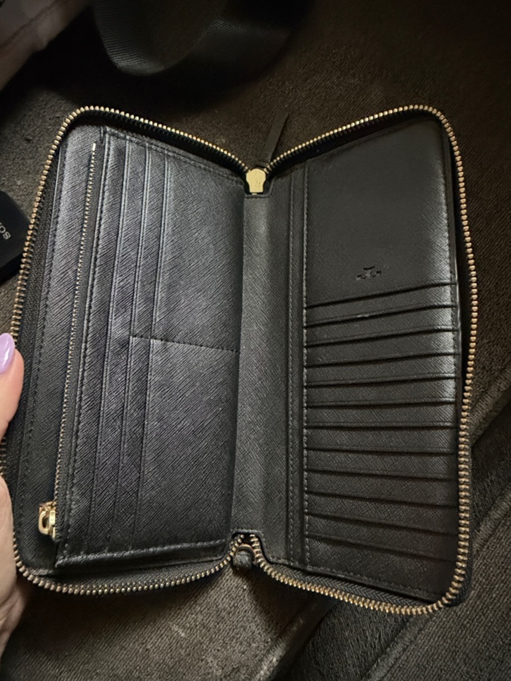 Tory Burch Black Zip-Around Logo Saffiano Wallet with Gold Accent - Picture 2 of 2